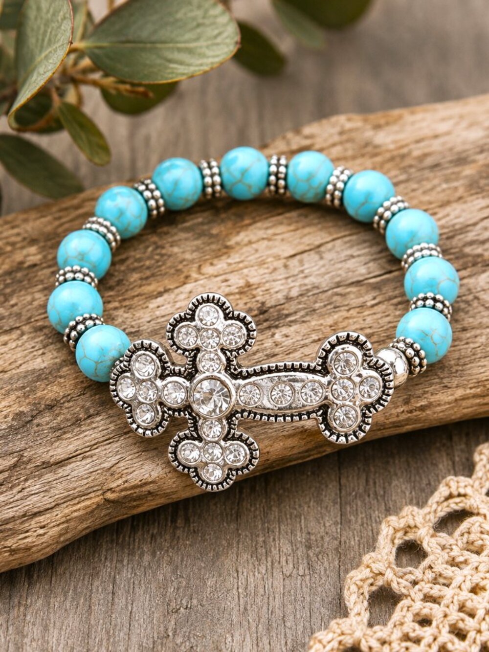 Turquoise Beaded Silver Cross Bracelet Western Boho Stretch Crystal Rhinestone
